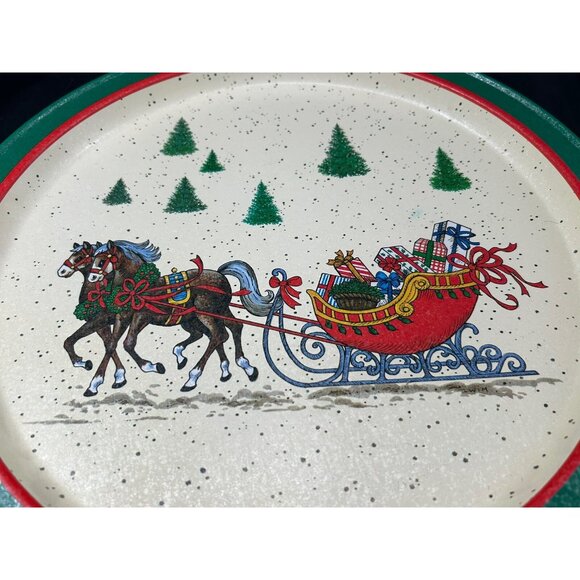 Vintage 1988 Potpourri Press Metal Christmas Tray Sleigh Ride 13.5” Round - Picture 2 of 6